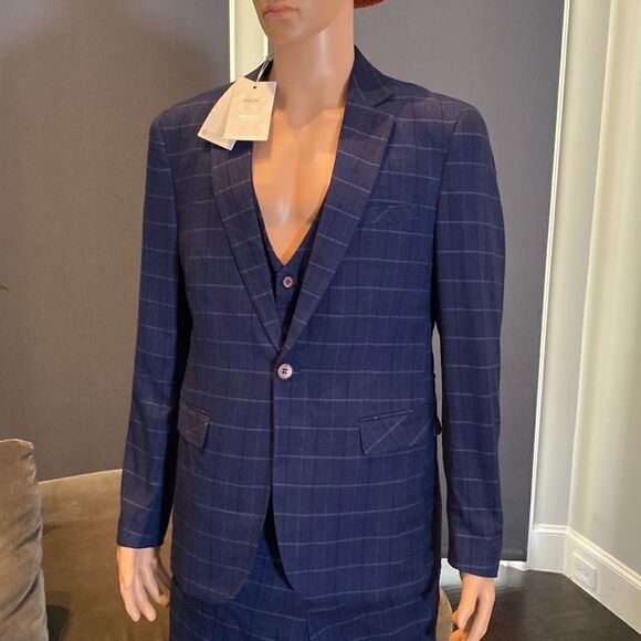 Men’s Mogu Blue Plaid 3 Piece Slim Fit Suit Jacket 40 Pants 36 NWT - Picture 3 of 14
